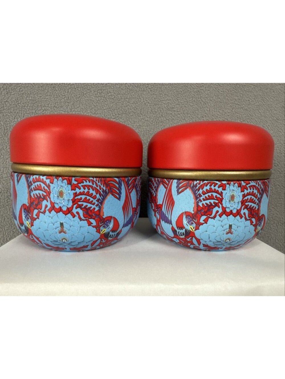 Chinese King Fisher Blue Phoenix Peonies Set of 2 Empty Metal Tea Tins blue red